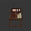 Woman Arranging Antiques On Wooden Table With Birdcage Chess Chest And Scrolls