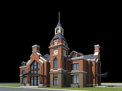 Religious Faith Inspired Red Brick Church Building With Clock Tower And Spire 3d model