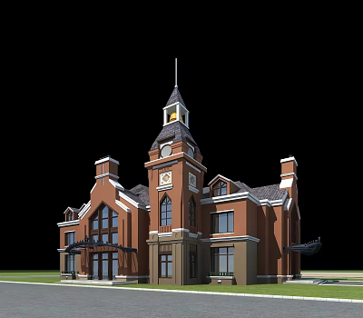 Religious Faith Inspired Red Brick Church Building With Clock Tower And Spire 3d model
