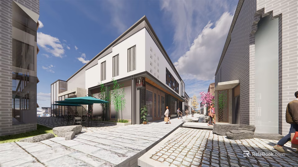 Modern Commercial Pedestrian Street With Traditional Architecture Outdoor Seating Greenery And Stone Paved Walkway 3d model 