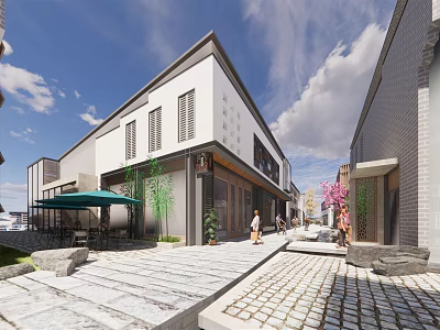 Modern Commercial Pedestrian Street With Traditional Architecture Outdoor Seating Greenery And Stone Paved Walkway 3d model