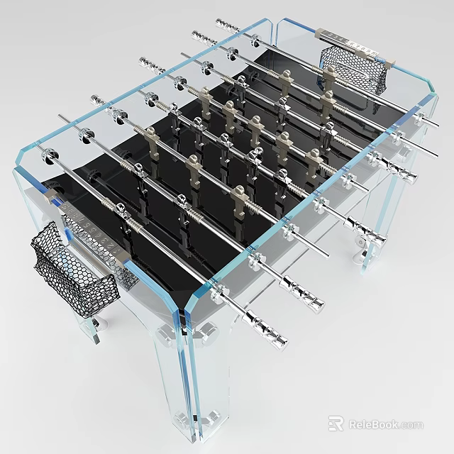 Modern Transparent Frame Foosball Table With Black Surface Metal Rods And Goal Nets 3d model 
