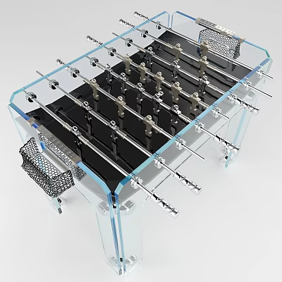 Modern Transparent Frame Foosball Table With Black Surface Metal Rods And Goal Nets 3d model