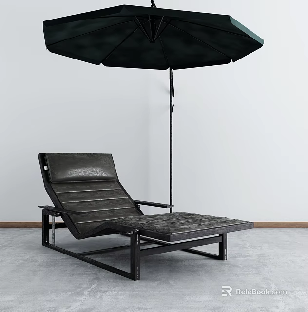 Modern Lounge Chair With Leather Seat And Metal Frame Under Black Umbrella 3d model 