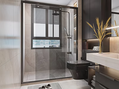 Modern Bathroom Interior With Glass Shower Enclosure Black Toilet And Marble Vanity 3d model