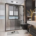 Modern Bathroom Interior With Glass Shower Enclosure Black Toilet And Marble Vanity