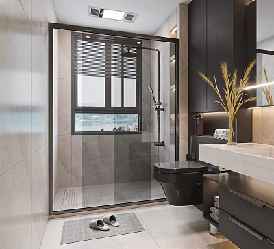 Modern Bathroom Interior With Glass Shower Enclosure Black Toilet And Marble Vanity 3d model