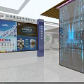 Modern Tech Lobby Interior With White Reception Desk Blue Lighting Circular Logo And Ceiling Strips 3d model
