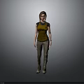 Woman In Yellow Tank Top And Brown Pants Standing On Gray Background