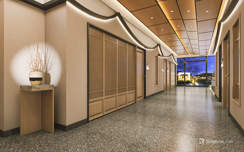 Hotel Corridor Interior With Wooden Ceiling And Elegant Decor 3d model