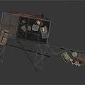 Industrial Metal Platform Structure With Railing String Flags Crates Barrels And Walkway