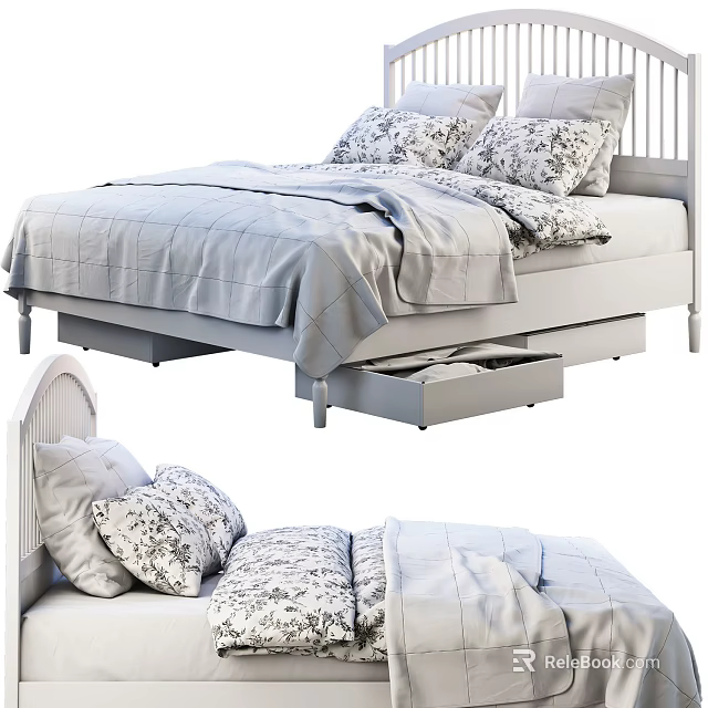 Modern Minimalist Double Bed with White Frame Gray Bedsheets Patterned Pillows and Underbed Storage Drawers 3d model