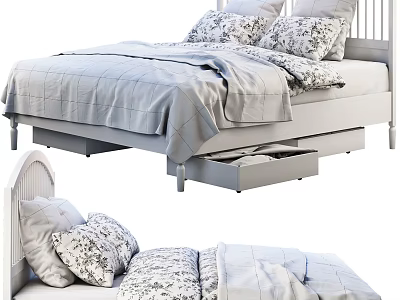 Modern Minimalist Double Bed with White Frame Gray Bedsheets Patterned Pillows and Underbed Storage Drawers 3d model