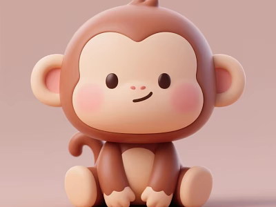 Cute 3D Cartoon Monkey Doll With Pink Cheeks And Brown Body Sitting Pose 3d model