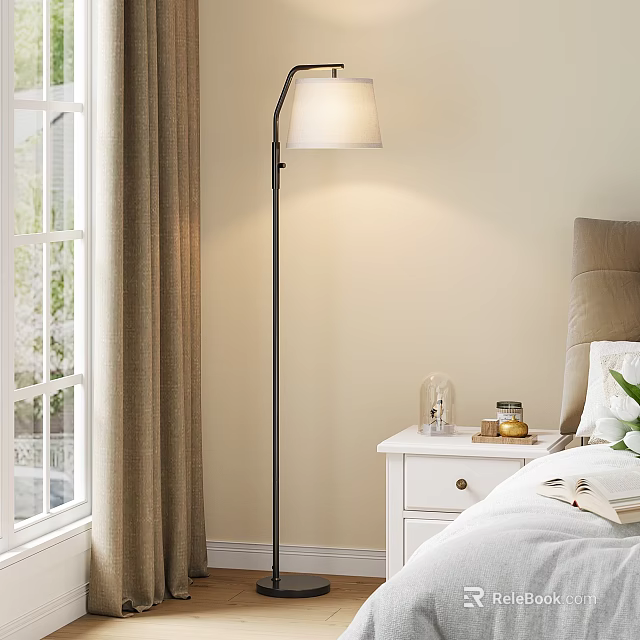 Cozy Bedroom Interior With Window Curtain Floor Lamp Nightstand Bed Book And Pillow 3d model 