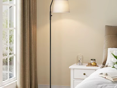Cozy Bedroom Interior With Window Curtain Floor Lamp Nightstand Bed Book And Pillow 3d model