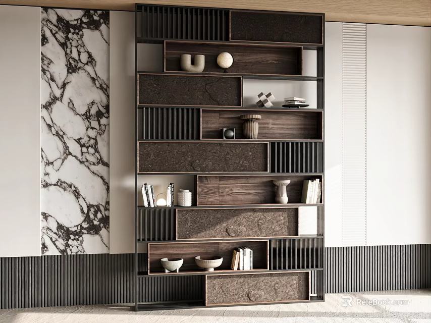 Elegant Modern Decorative Cabinet With Layered Wooden Shelves And Ornamental Vases And Bowls 3d model 