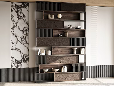 Elegant Modern Decorative Cabinet With Layered Wooden Shelves And Ornamental Vases And Bowls 3d model