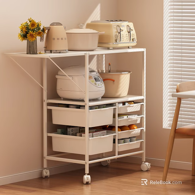 White Kitchen Storage Rack on Wheels with Multi layer Shelves Holding Rice Cooker and Containers 3d model 