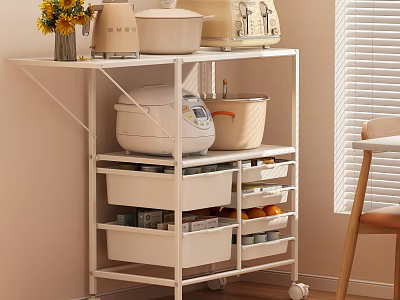 White Kitchen Storage Rack on Wheels with Multi layer Shelves Holding Rice Cooker and Containers 3d model