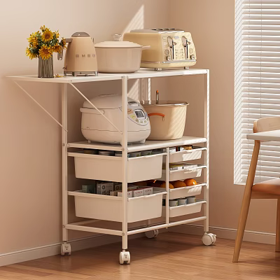 White Kitchen Storage Rack on Wheels with Multi layer Shelves Holding Rice Cooker and Containers 3d model