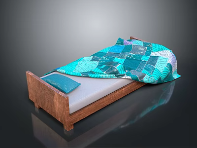 Wooden Bed with White Mattress and Turquoise Patchwork Quilt and Blue Pillow 3d model