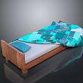 Wooden Bed with White Mattress and Turquoise Patchwork Quilt and Blue Pillow