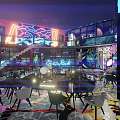 Modern Memory Tavern Interior Night Scene With Neon Lights Tables Chairs And Staircase