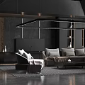 Modern Living Room Interior Design With Grey Sofa Geometric Rug Pendant Light And Bookshelf
