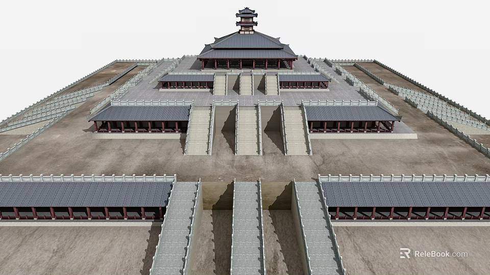 Ancient Chinese Architecture Main Hall Featuring Multiple Stone Steps Symmetrical Layout And Classic Roof 3d model 