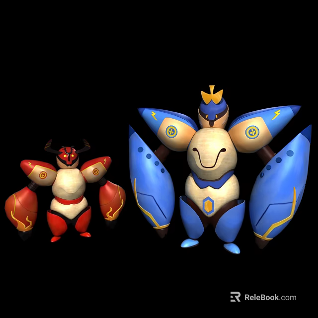 Cartoon Style Game and Movie Characters Red Blue Humanoid Figures with Crown and Wings 3d model 