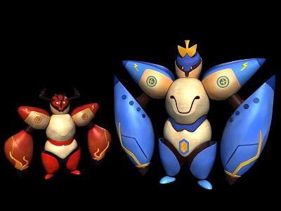 Cartoon Style Game and Movie Characters Red Blue Humanoid Figures with Crown and Wings 3d model