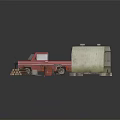 Outdoor Table Setup With Camper Trailer Red Truck Chairs Firewood And Red Bucket
