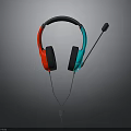 Wired Headphones With Red And Blue Ear Cups Black Headband And Built In Microphone