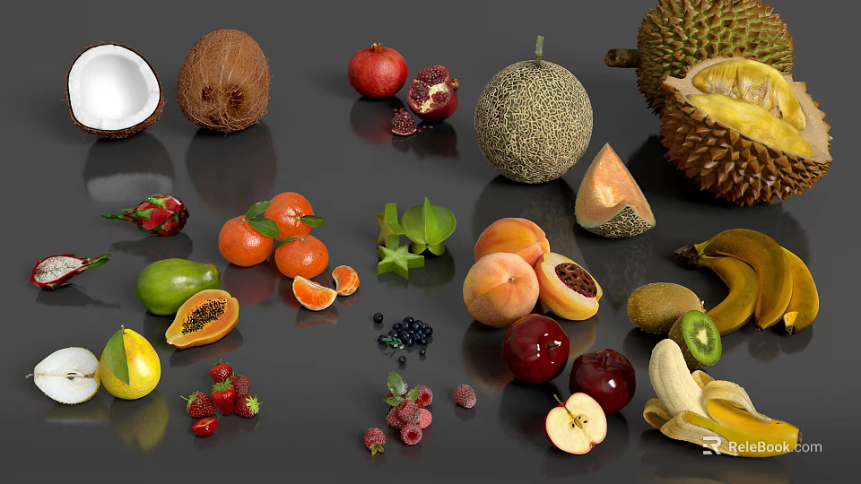 Assorted Fresh Fruits Collection Featuring Coconut Pomegranate Peaches And Tropical Varieties 3d model 