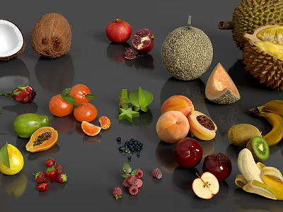 Assorted Fresh Fruits Collection Featuring Coconut Pomegranate Peaches And Tropical Varieties 3d model