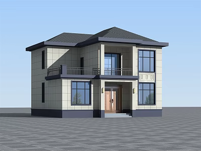 Two Story Detached Villa With Dark Roof Light Colored Exterior And Wooden Door 3d model
