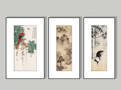 Framed Animal Paintings Featuring Red Bird On Branches And Rooster By Bamboo 3d model