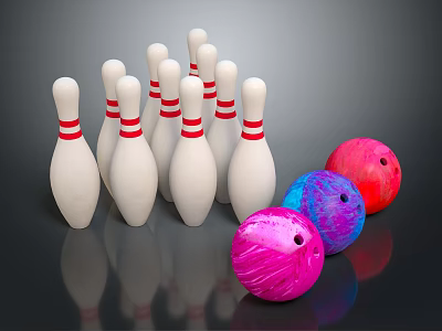 Colorful Bowling Equipment with White Pins Red Stripes and Multicolored Balls 3d model