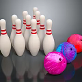 Colorful Bowling Equipment with White Pins Red Stripes and Multicolored Balls