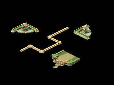 Detailed Decorative Mini Landscape Models With Golden Paths Green Platforms And Ornaments 3d model