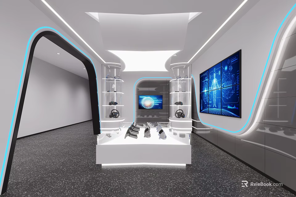 Modern Tech Display Space With White Display Stand Large Screens And Lighting Design 3d model