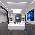 Modern Tech Display Space With White Display Stand Large Screens And Lighting Design 3d model