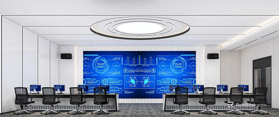 High Tech Monitoring Room Interior With Multiple Large Digital Screens And Control Consoles 3d model 