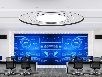 High Tech Monitoring Room Interior With Multiple Large Digital Screens And Control Consoles 3d model