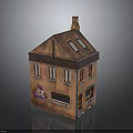 Brown House Architecture Model With Sloped Roof Chimney Skylights Windows And Decorative Patterns