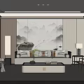 Chinese Modern Living Room With Mountain Painting Backdrop And Beige Sofa