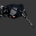 Mechanical Robot Character Standing With Rifle And Red Detail In Metallic Design