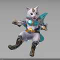 Futuristic Cat Like Creature In Armored Tech Suit With Blue White And Orange Accents
