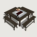 Simple Wooden Square Tea Table With Benches And Tea Set 3d model